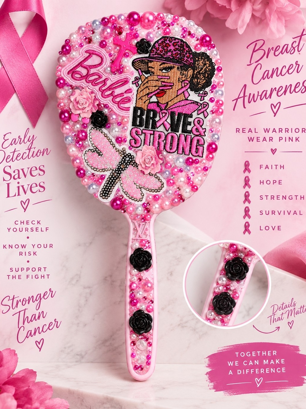 Barbie Pink 'Brave & Strong' Beaded Hand Mirror
